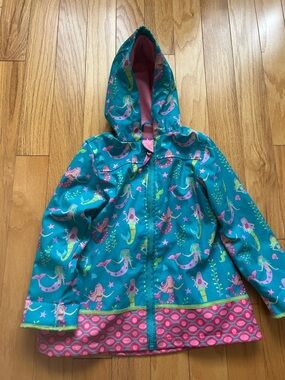Girls' Teal Mermaid Hooded Raincoat with Pink Trim